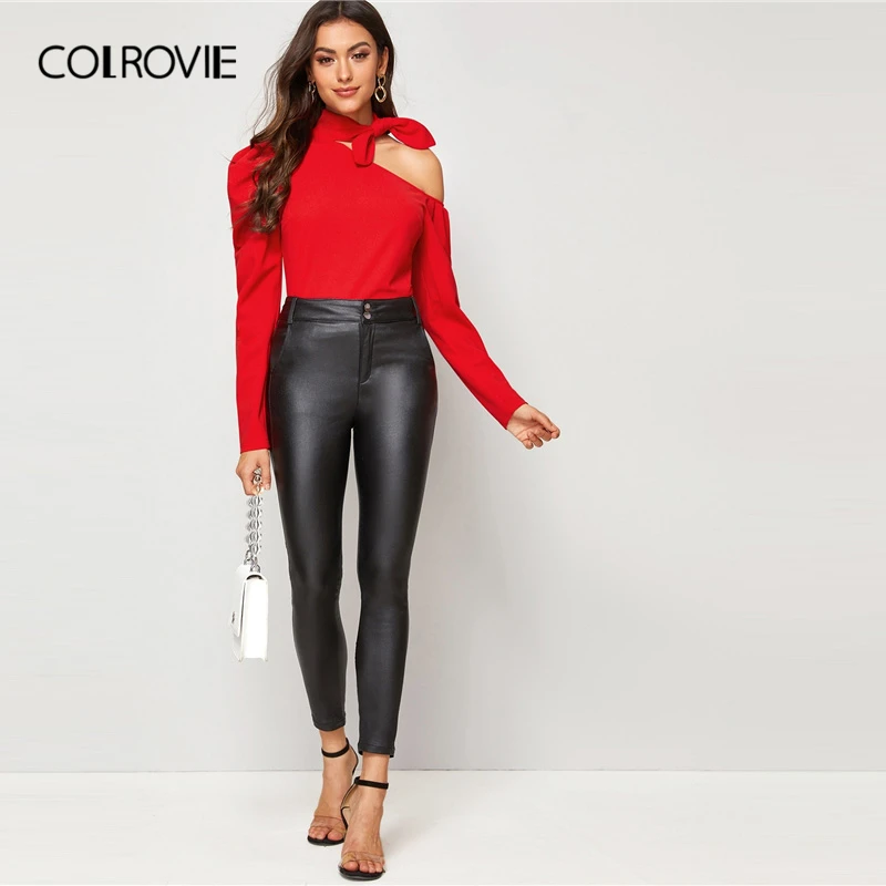 COLROVIE, Красный Асимметричный топ с вырезом и узлом, Женский Топ с пышными рукавами, стильные женские топы, осенние элегантные сексуальные футболки