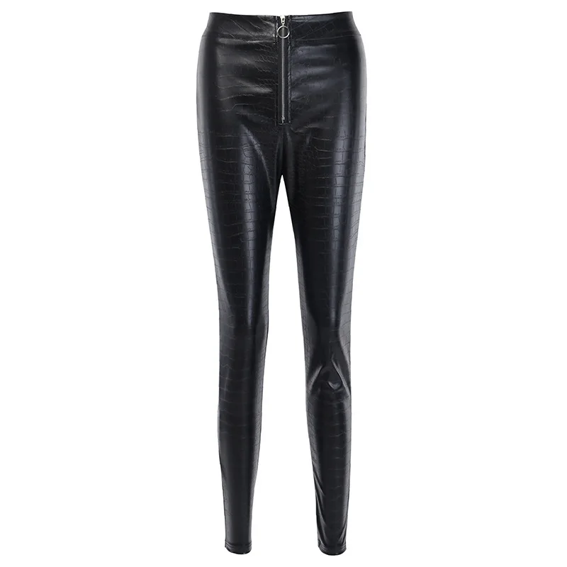 

Ladies Spring Black Crocodile Pattern PU Faux Leather Pants Women High Waist Casual Fashion Zipper Pencil Trousers Streetwear