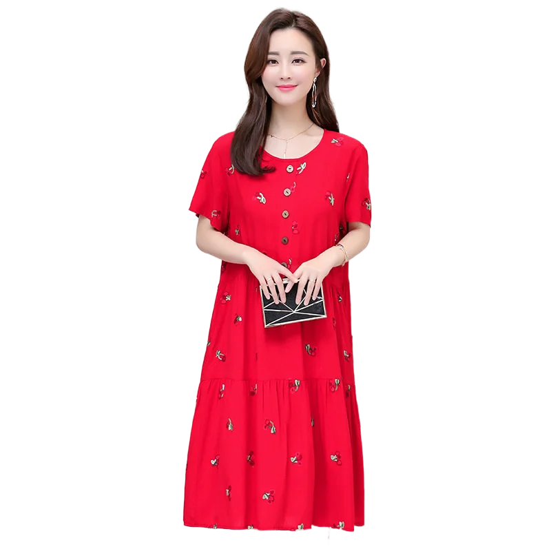 

New Women Summer Cotton Embroidery Vintage Vestidos Robe Dresses A-Line Short Sleeve Femme Casual Print