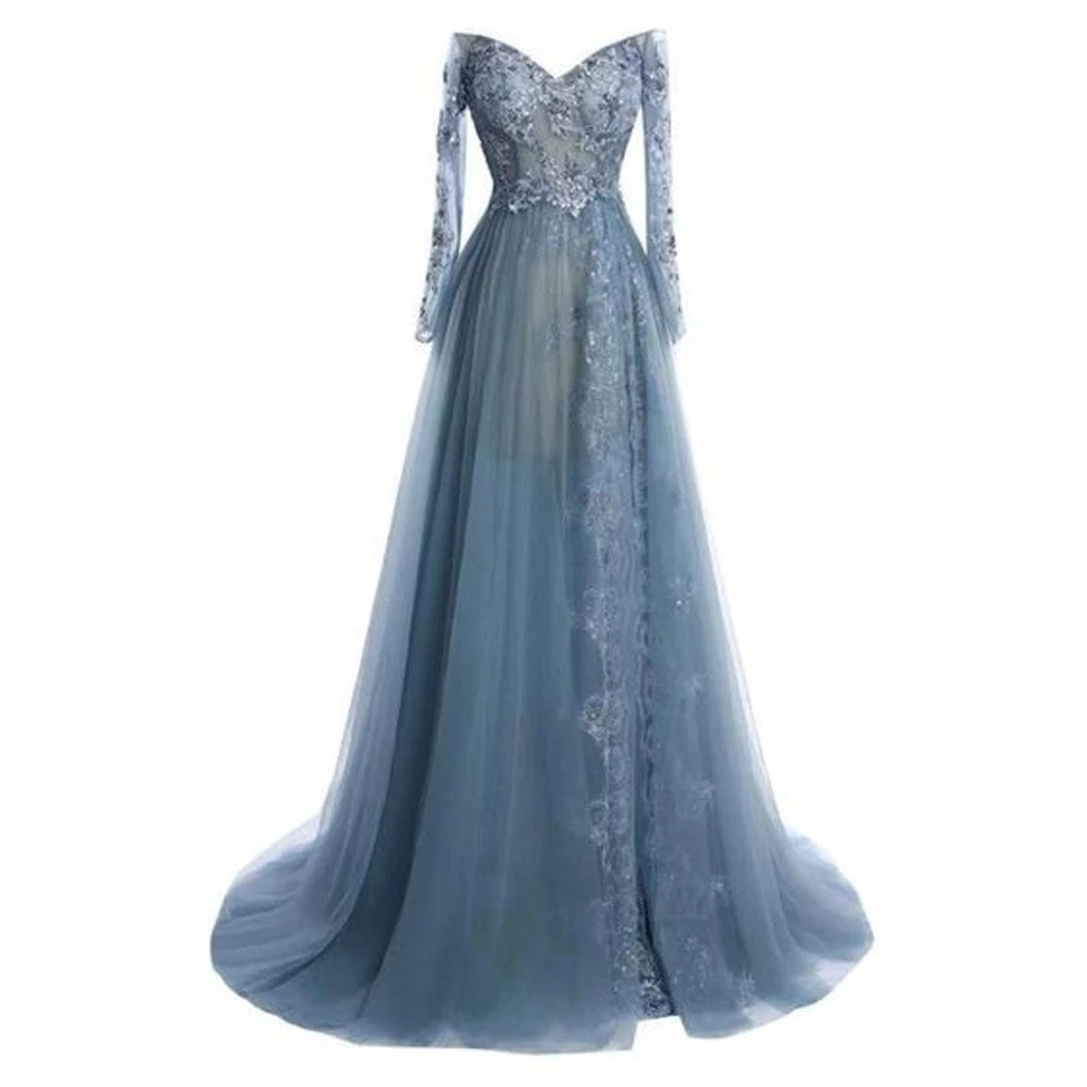 

Gray Muslim Evening Dresses A-line V-neck Long Sleeves Tulle Appliques Lace Beaded Long Dubai Saudi Arabic Evening Gown