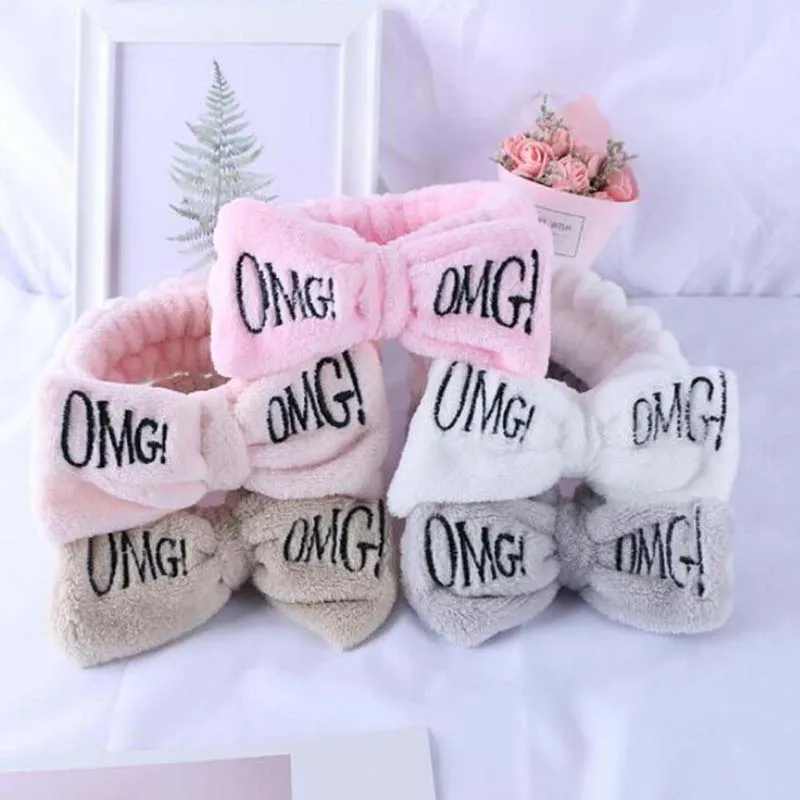 

Candy Color OMG Letters Bow Headband Coral Fleece Hairbands For Women Wash Face Makeup Hairband Hair Ties For Girls