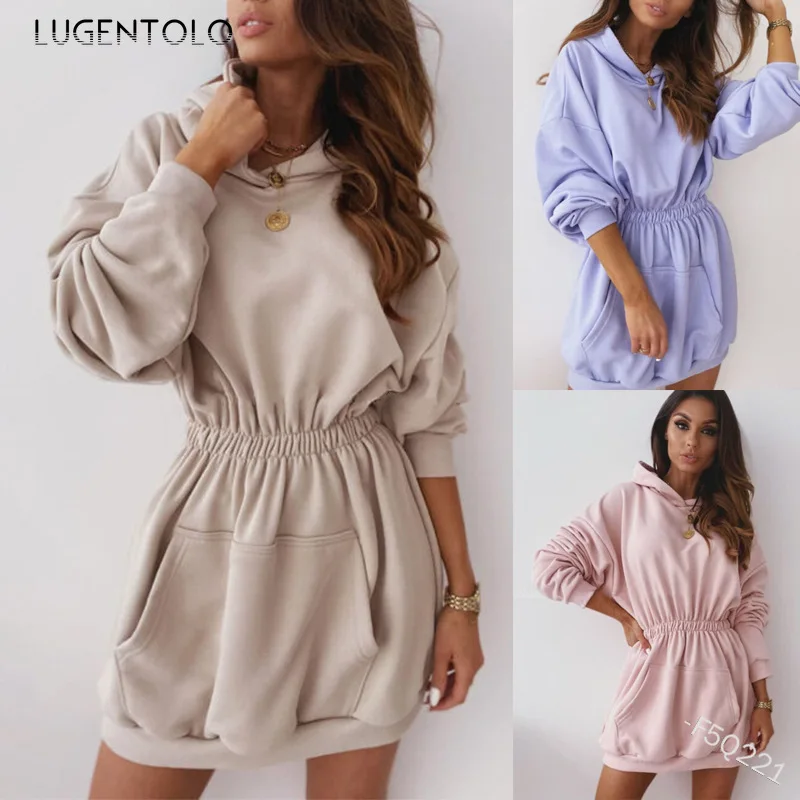 

Lugentolo Women Dress Simple Hooded Long Sleeve Solid Dresses Pullover Casual Plus Size Ladies Short Dress