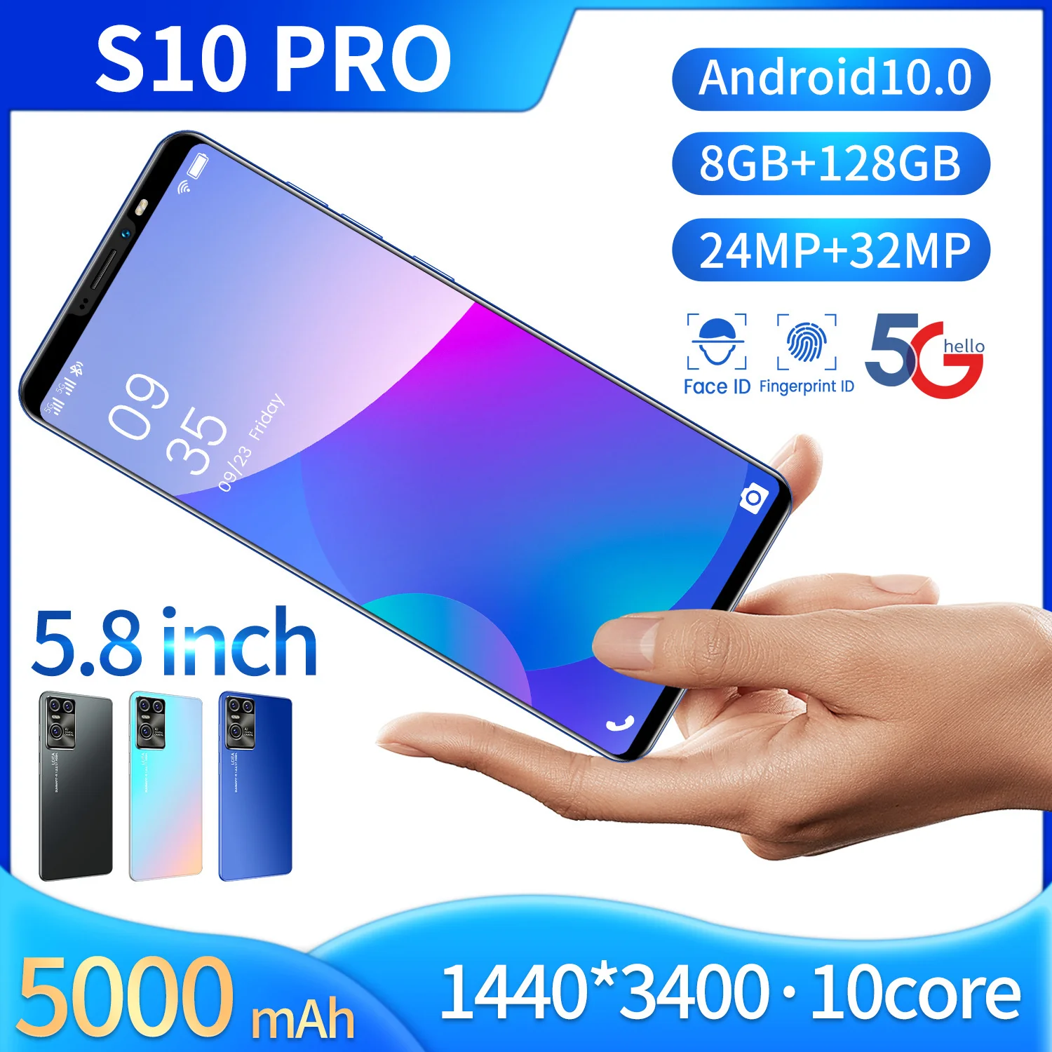 

Latest S10Pro 5.8 Inch Full Screen 8MB RAM 128GB ROM Android Unlocked Cheap Mobilephone Smartphone Celulares Mobiles Cellphones