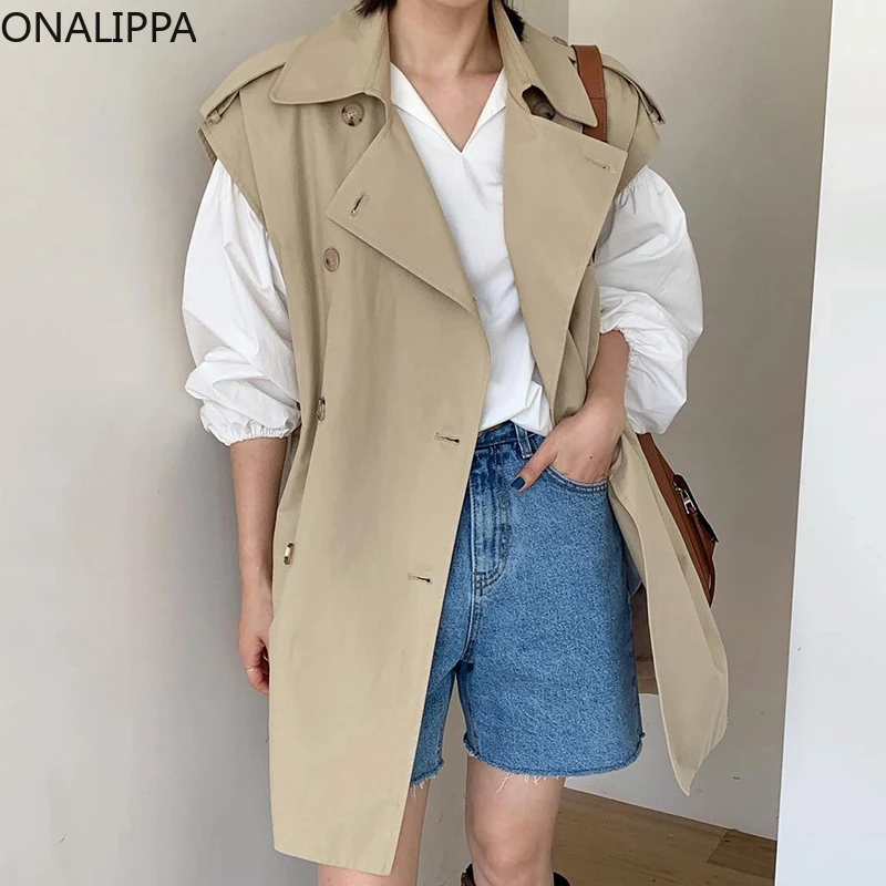 

Женская куртка ONALIPPA, осень 2021, французская ретро-куртка в британском стиле с лацканами, двубортная, свободная, однотонная, без рукавов