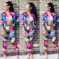 women casual two piece set long sleeve zipper bomber jacket tops and pants suits flower print tracksuit matching set outfits
