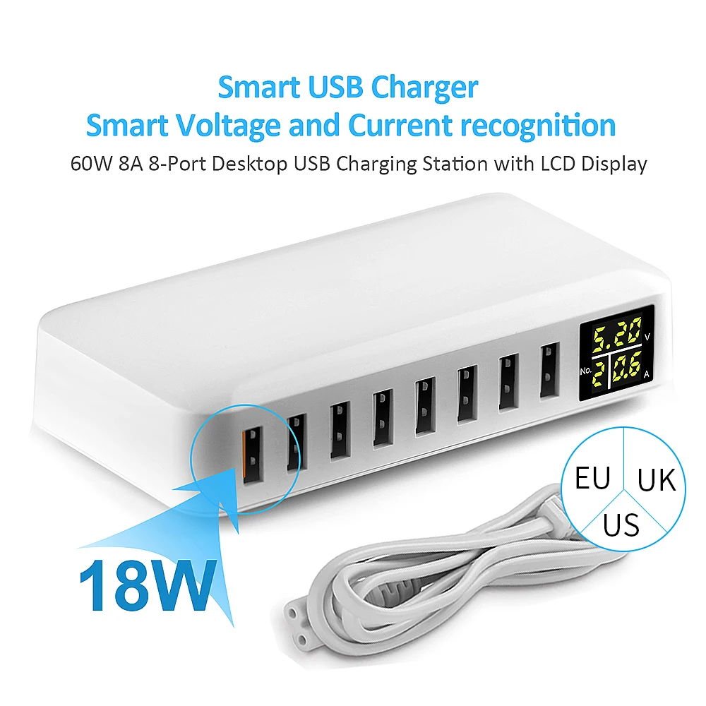 

60W 8A 8-port Desktop USB Smart Charging Station with LED Display Multi-protection Smart Voltage and Current Recognition UK