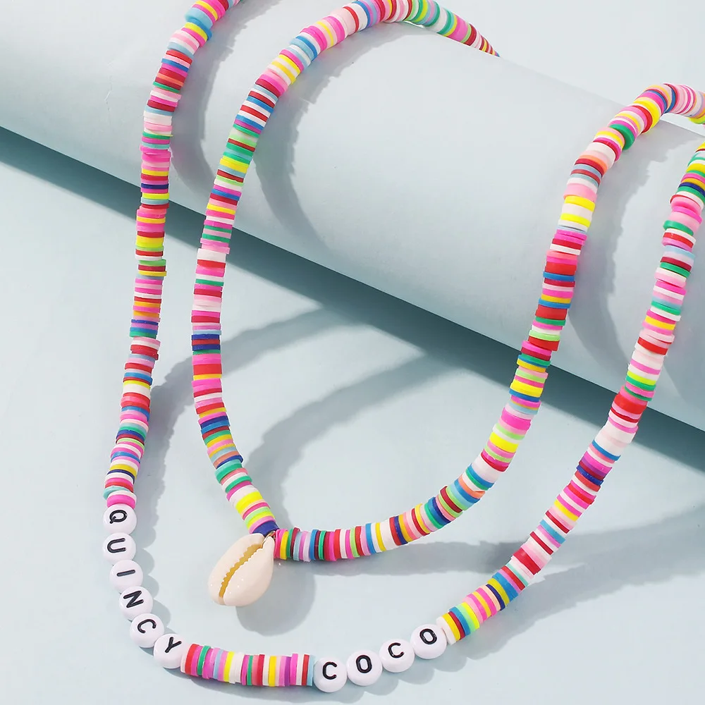 

SNCSDK European and American fashion color shell pendant chain female ethnic style rice beads resin multilayer Women's necklace