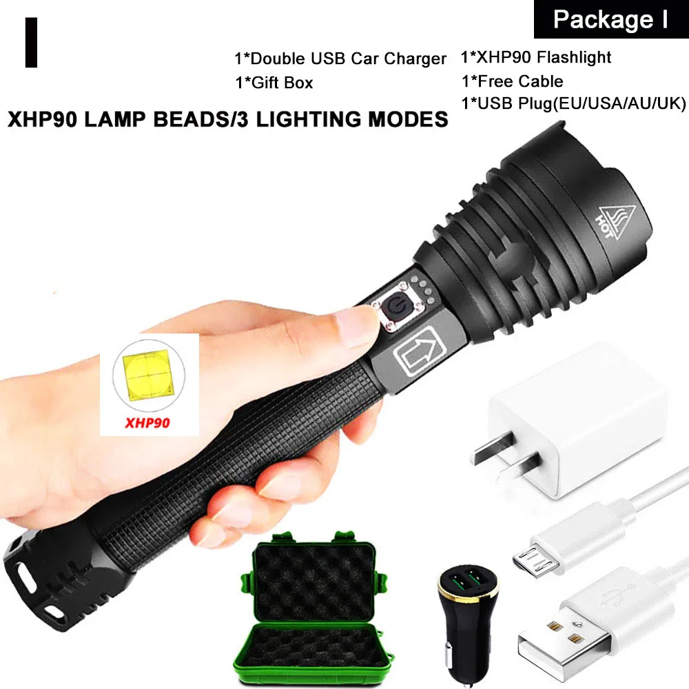 EZK20 дропшиппинг XHP90 светодиодный светильник-вспышка с зумом USB Перезаряжаемый мощный дисплей мощный фонарь 18650 26650 ручной светильник - Испускаемый цвет: Package I-XHP90