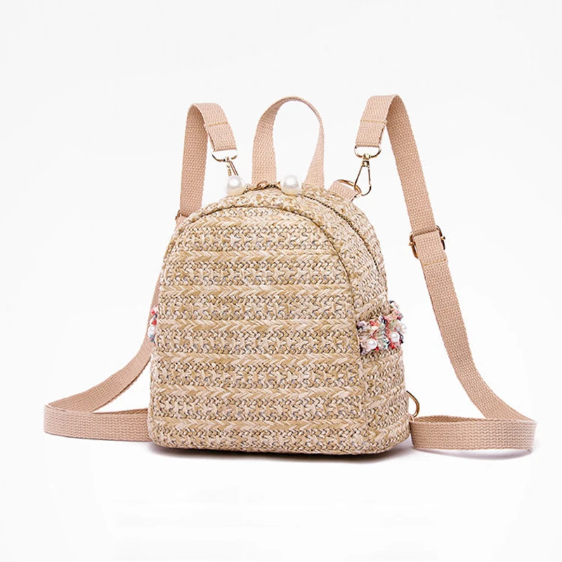 

Cute Pearls Beads Small Straw Backpack Women Casual Solid School Bags for Girls Pearl Decoration Straw Women Backpacks 2021 New