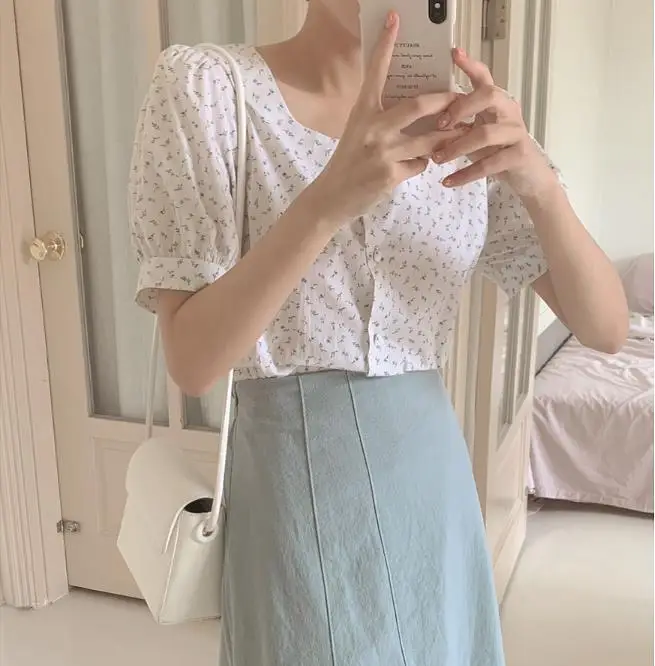 Nuevas chicas blusa de verano de las mujeres traje de camisa Tops de manga corta alta cintura imprimir una línea faldas trajes de dos piezas de vender por separado