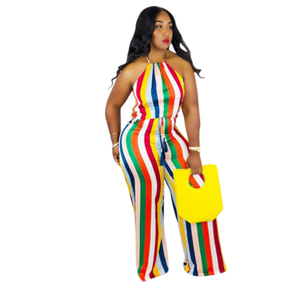 

Summer Hanging Neck Suspenders Sleeveless Striped Long Jumpsuit Women Plus Size Fashion Casual Striped Jumpsuit Women