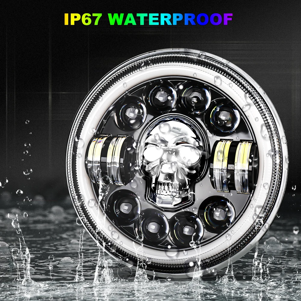 Dot-L&aacute;mpara LED E9 para motocicleta, faros delanteros de 7 pulgadas con Halo de ojos en &aacute;ngulo, RGB, Calavera, redondos, DRL, para Wrangler JK-4