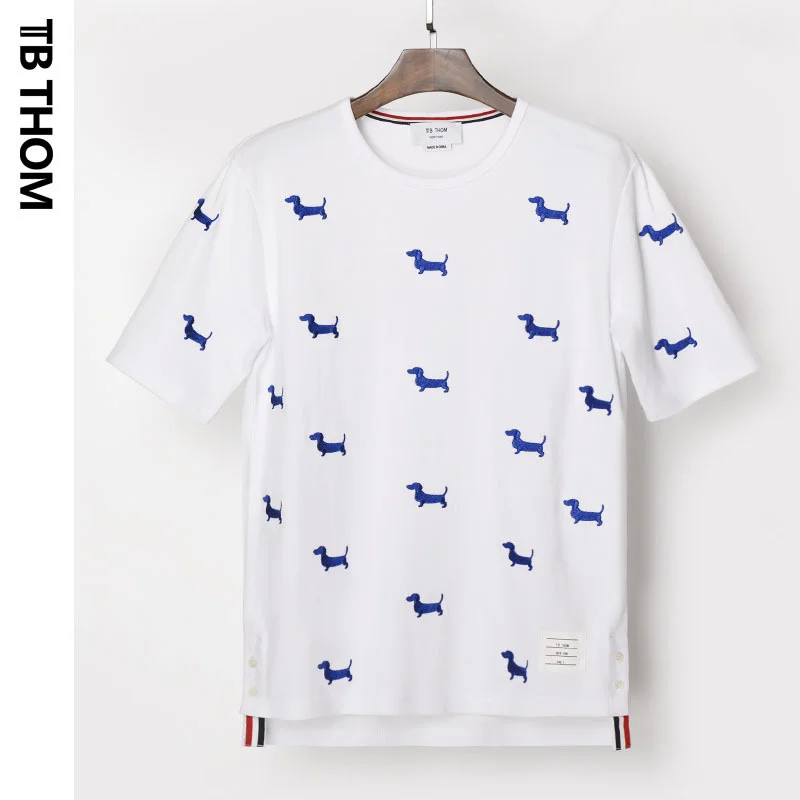 

THOM TB men's blue dog embroidery short sleeve t-shirts o-neck cotton summer tees men white tops male