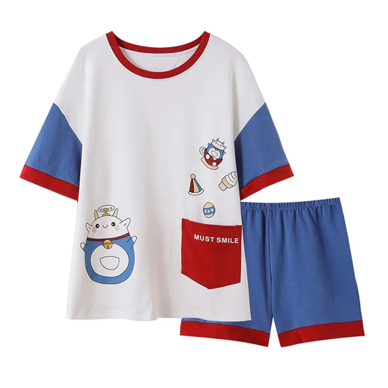 

Tonngirls Patchwork Top And Shorts Sleepwear Set Women Short Sleeve Cartoon Print Pijama Mujer Sweet Night Suit Japanese Style