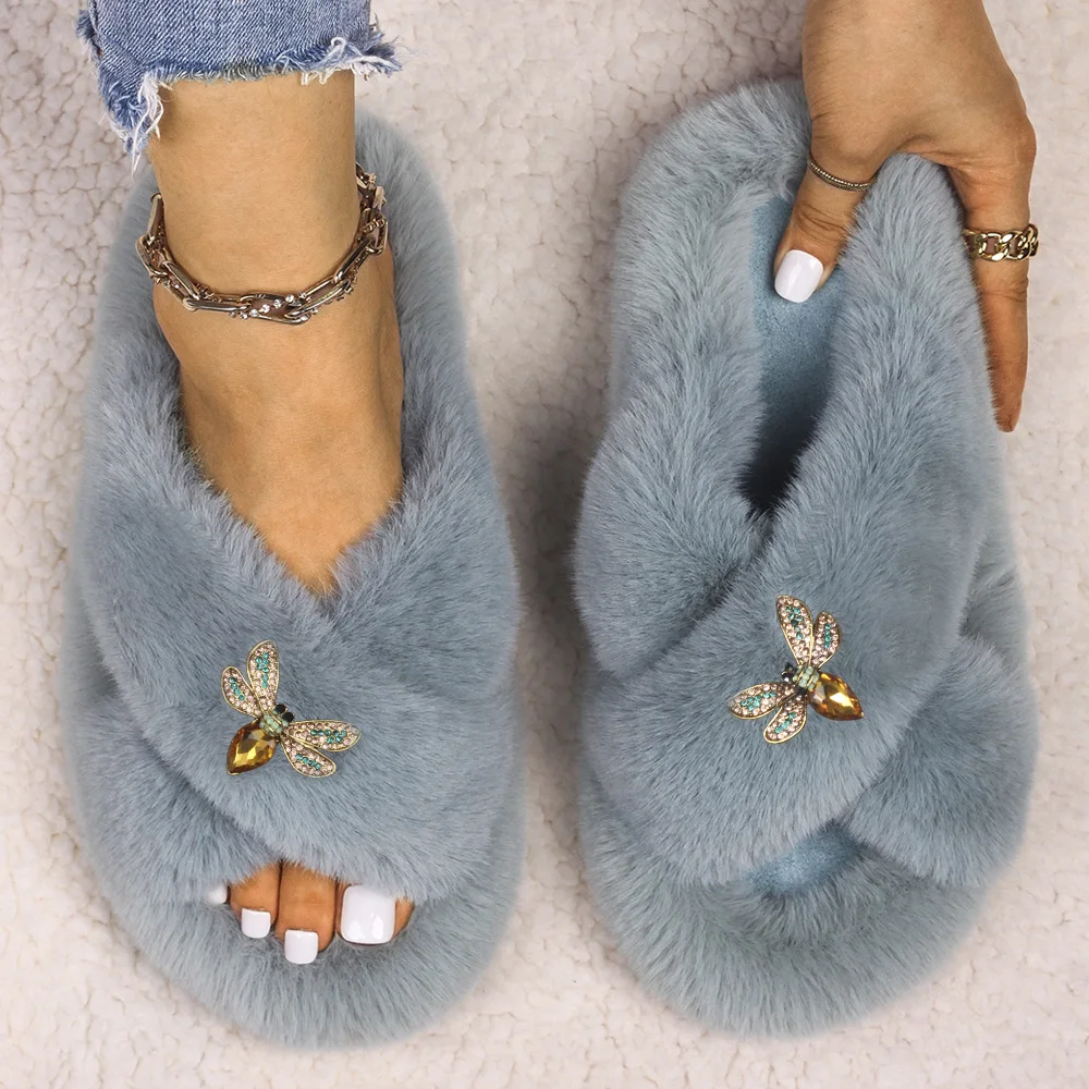 Fluffy Slippers Luxury Rhinestone Insect Decor Faux Fur Slides Designer Flat Sandals Flip Flop Slippers Female Furry Shoes 2021