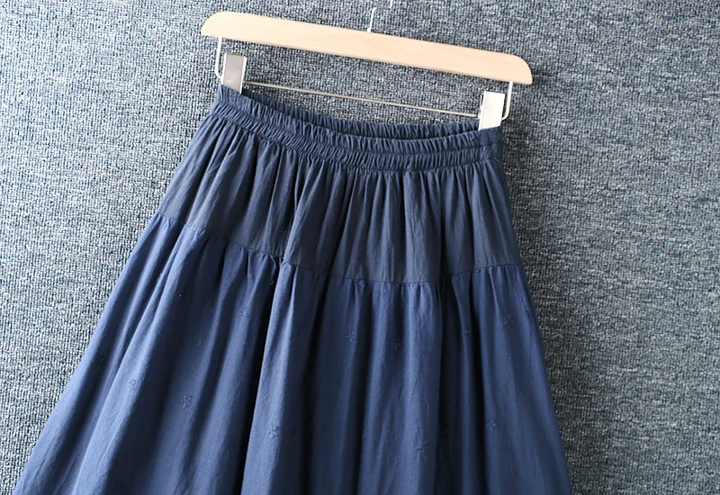 

2021 New Spring Women Cotton linen Solid Color Skirt Japan Style Mori Girl Elastic Waist Hollow out embroidery Women Skirt