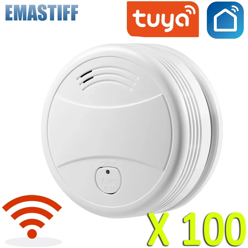 

100PCS Tuya WiFi Smart Smoke Detector, Smart Life APP Fire Alarm Sensor Home Security System Firefighters Smart Home Automation