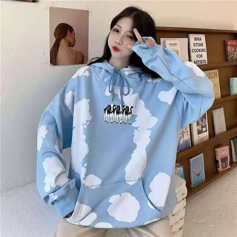 

Winter Sweatshirt 2021 Fashion Clouds Pullover Women Plus Velvet Warm Long Sleeve Tops Casual Hoodies Kawaii Female