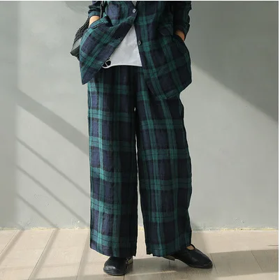 

Original Design Linen Plaid Wide Leg Pants Spring New Retro Literature Loose Casual Pants Elastic Waist Pants
