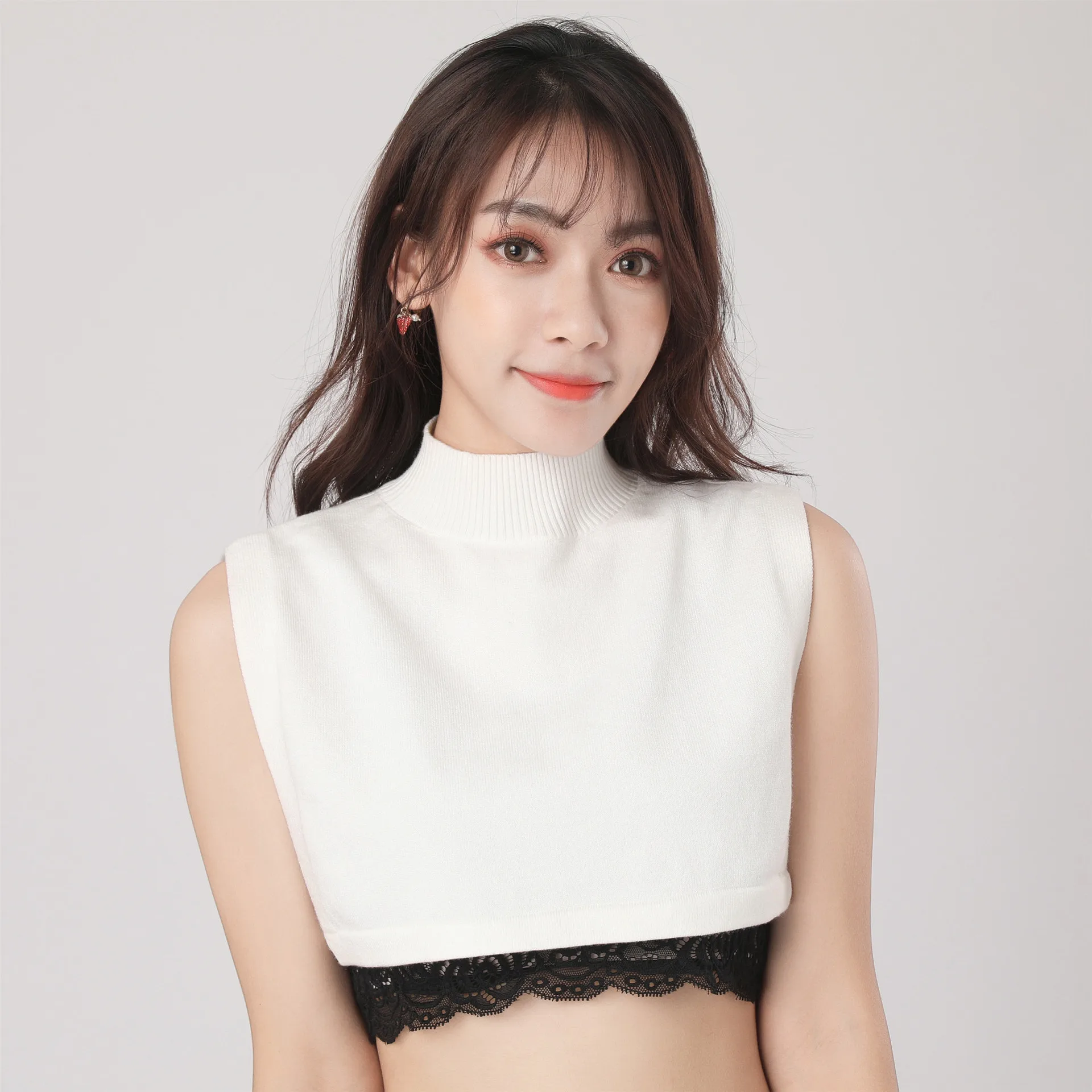 

Knitted Sweater with Fake High Neck and Solid Color Decorative Collar Shirt Women Fake Collar Detachable Collars