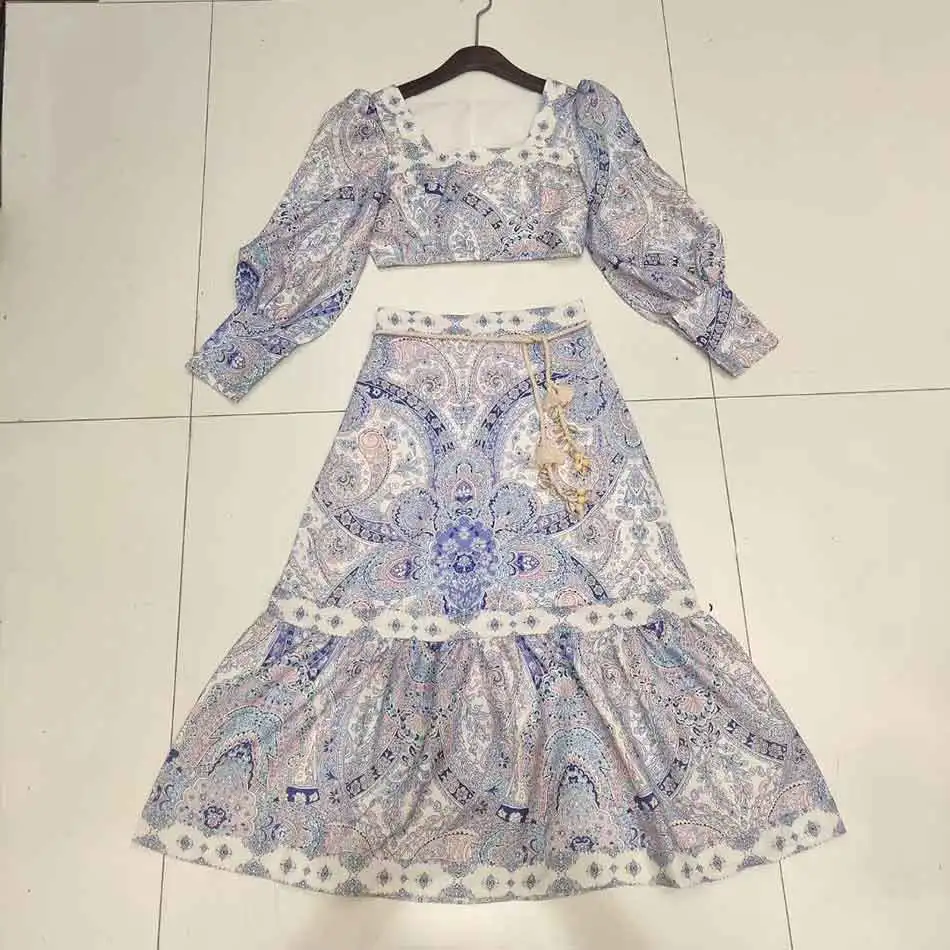 

2020 Autumn Fashion New Printed Set Sexy Square Neck Lantern Sleeve Short Top + Slim Skirt Seaside Vacation 2 Two-Piece Suit
