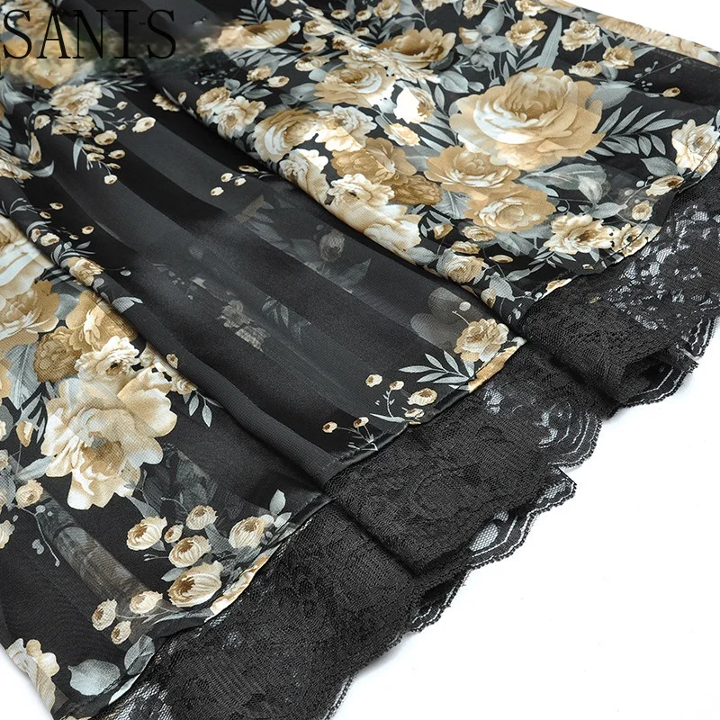 

Sanis Fashion Runway dress Summer Women's Dress Butterfly Sleeve V-neck Stripe Floral Print Lace Dresses