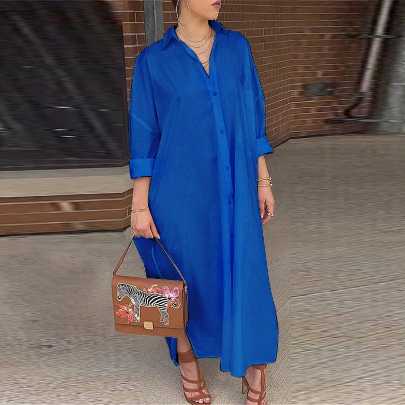 

VONDA 2021 Autumn Women Long Shirt Dress Oversized Casual Holiday Dresses Long Sleeve Lapel Buttons Bohemian Party Vestidos Robe