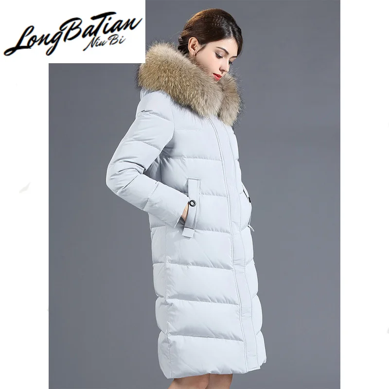 Зимний женский пуховик с воротником из меха енота Корейская длинная куртка для