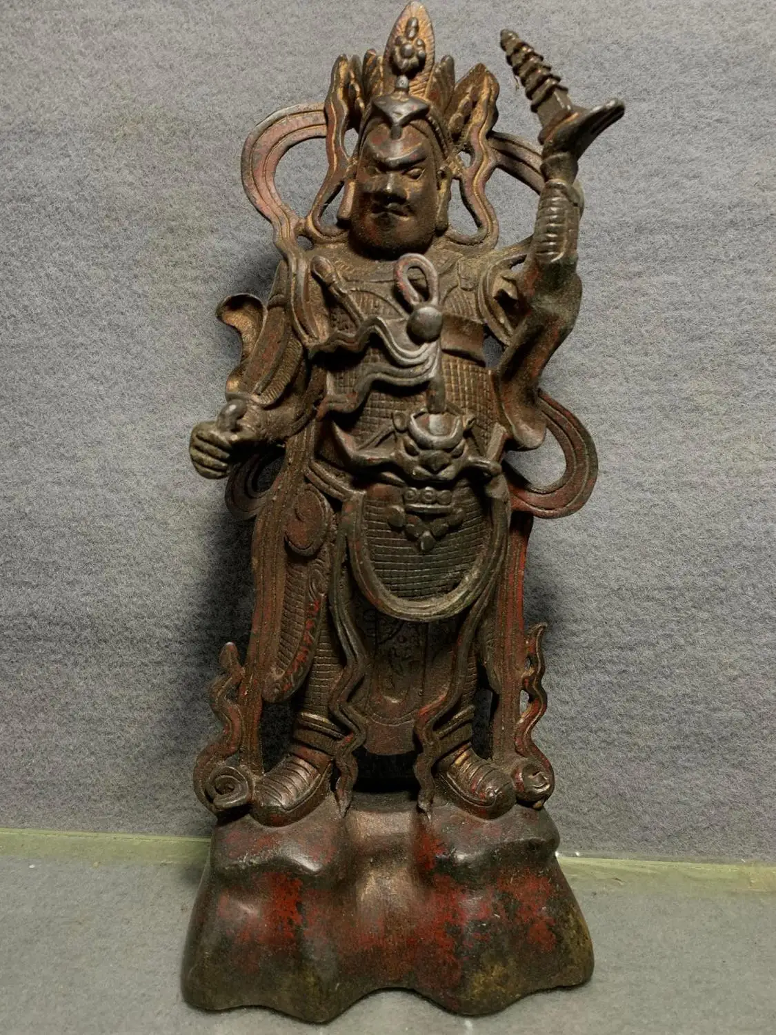 

Home Decor 12" Tibet Buddhism Temple Old Bronze Cinnabars Juta Tianwang Buddha Patron Saint of Nantianmen Door god