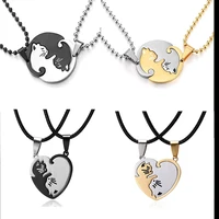 1 pair couple heart necklace cute cartoon cat pendant necklace for women black stainless steel animal necklace jewelry gift