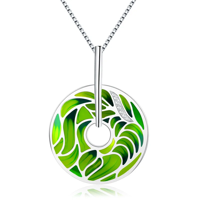 Ожерелье из серебра 100% пробы с круглым эмалированным зеленым листом кулон для