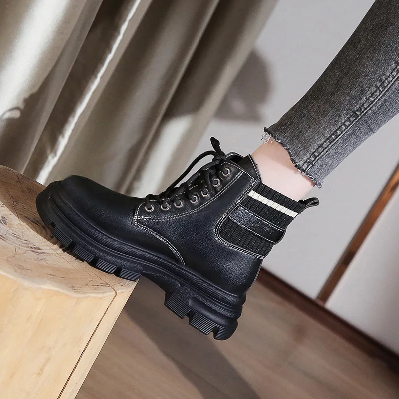 Womer Combat Boots Platform Women Ladies Shoes Fall Fashion Lace Up Beige Black Ankle Boots for Women Leather Platform Heel Boot
