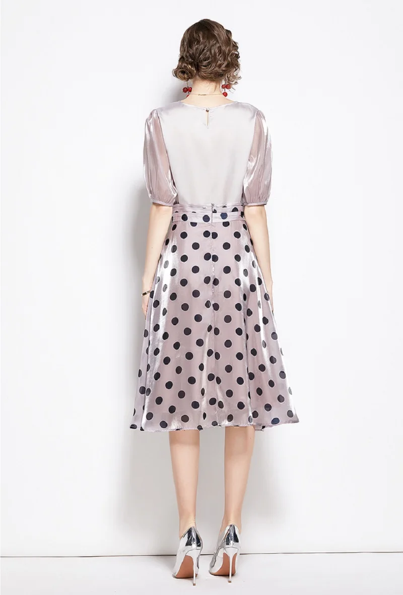 

Women New Puff Sleeve Blouse Top+Polka Dot A-Line Skirt Summer Elegant Ladies Solid Bright Silk Shirt Midi Skirts Two Piece Set