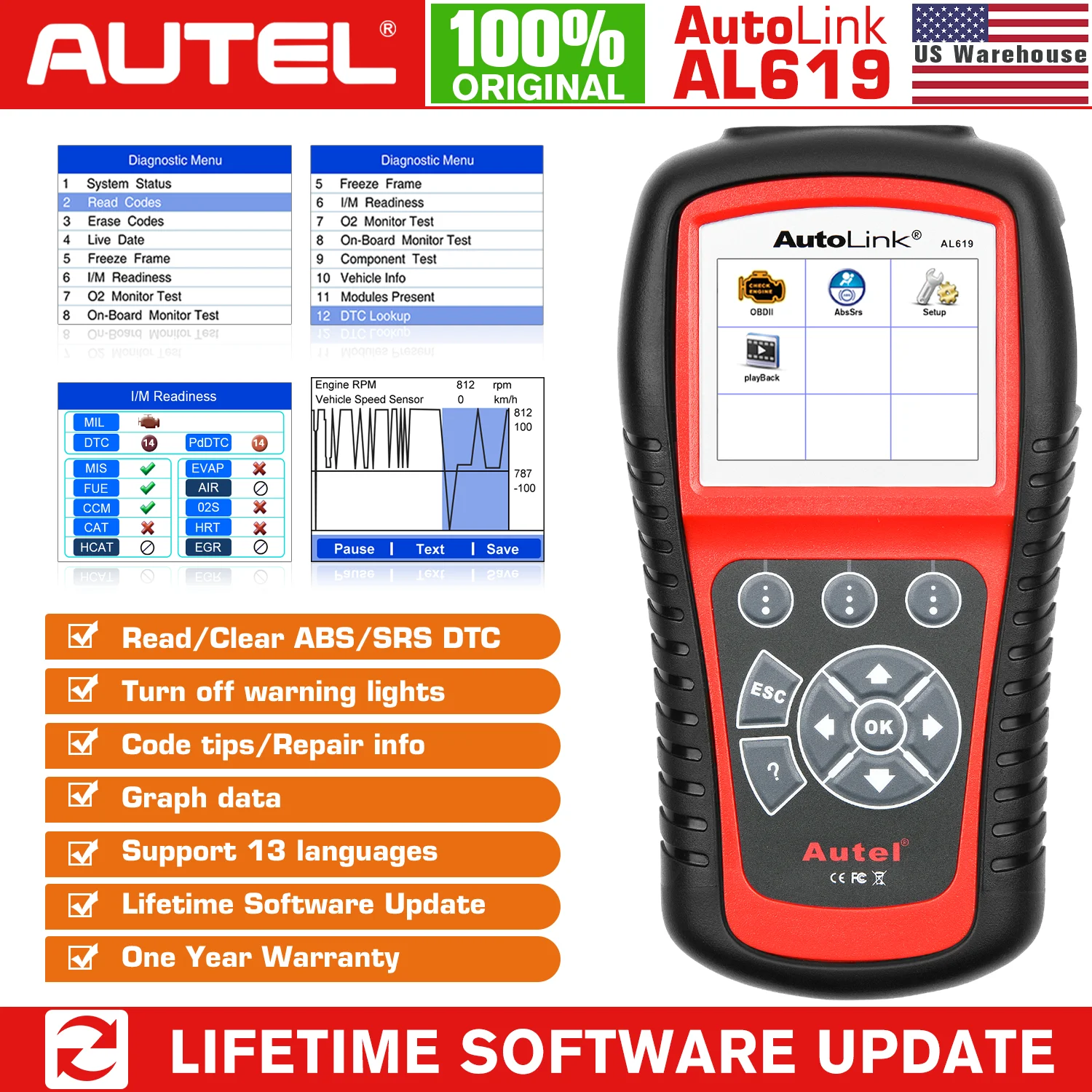 Autel Autolink AL619 диагностический инструмент OBD2 сканер автомобильный OBDII ABS/SRS