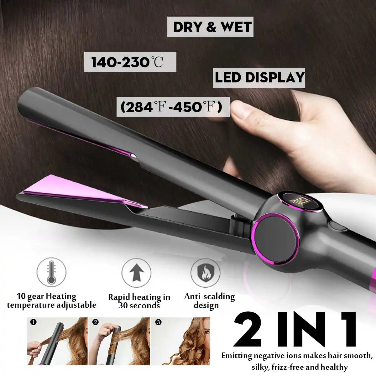 

2 In 1 Ceramic Plate Hair Curler Wand Hair Straightener Professional 10Gears with Wide Heating Plate and LCD Screen Dry & Wet