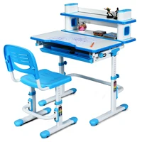 Children's Desk Chair Set Height Adjustable Study Table w/ Bookshelf Drawer Blue