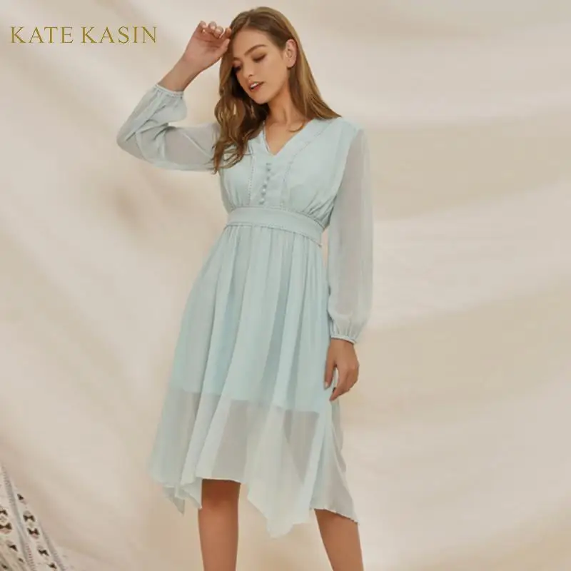 Kate Kasin модные женские туфли V образным вырезом Фонари голубого цвета с длинным