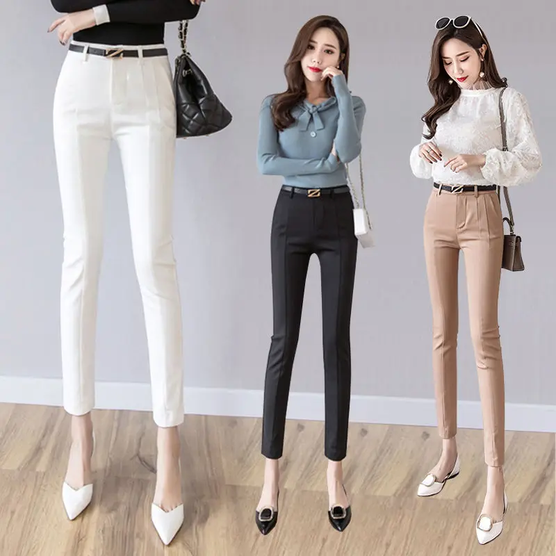 

2021 Women Spring New Fashion Chic Business Solid Casual Slim Pants Female Fake Zipper with Sashes Ankle-Length Trousers S57