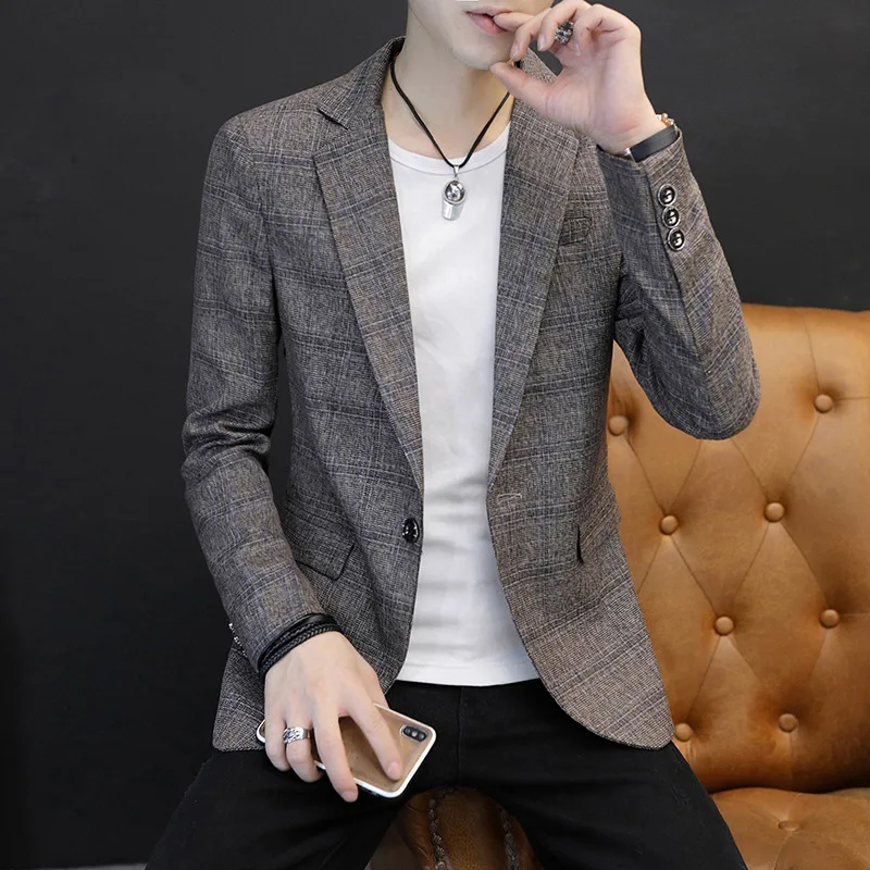 

2019 men's cultivate one's morality suit suit trend of England youth grid cultivate one's morality leisure suit