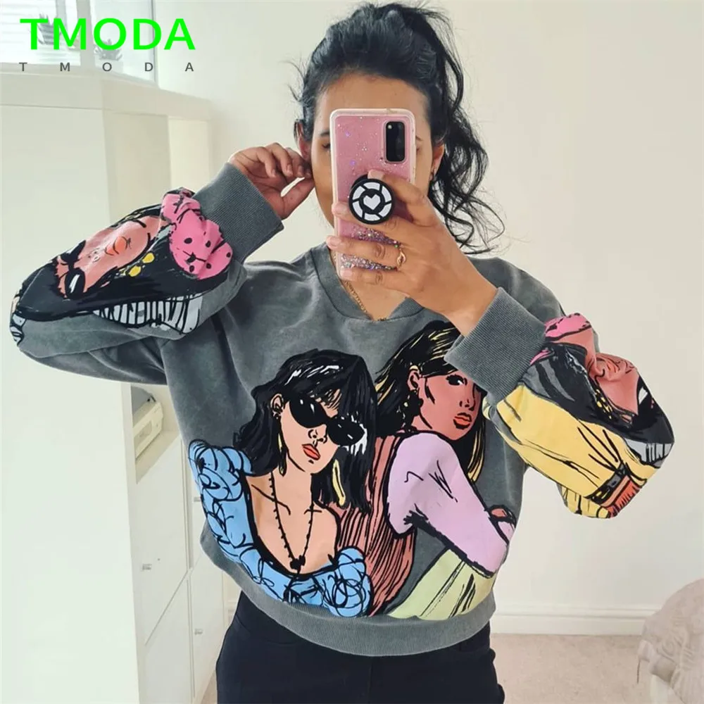 Женский Укороченный свитшот с принтом TMODA1068 Za весенний Свободный пуловер