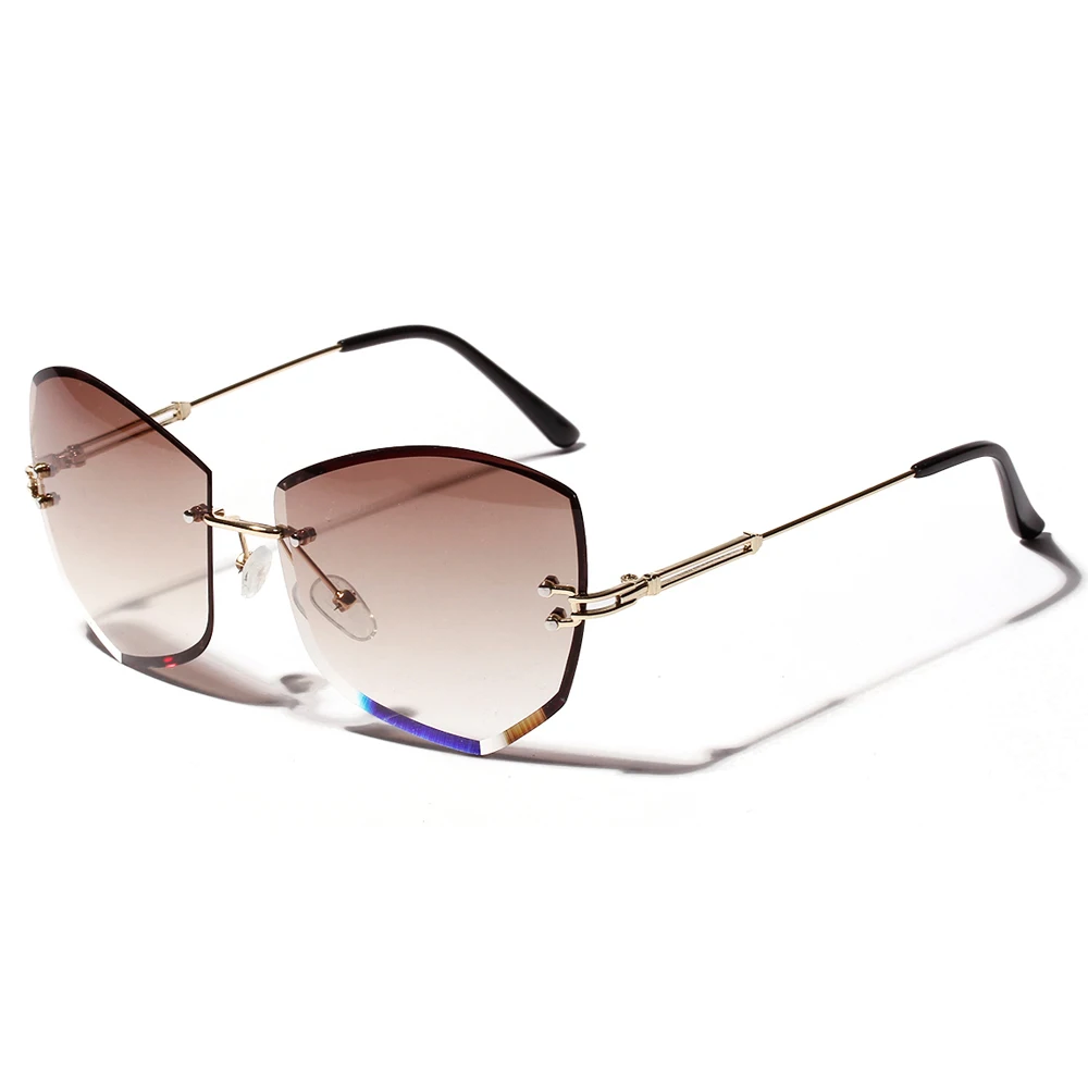 

Veshion Diamond Cut Sunglasses Lady 2021 Summer Brown Pink Rimless Sun Glasses for Women Cat Eye Uv400 Metal