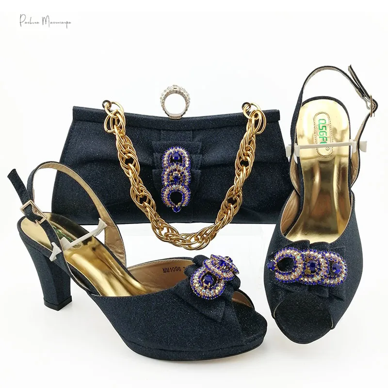 2021 New Coming Nigerian Women Shoes and Bag Set in Dark Blue Color Decorate with Rhinestone for Wedding Party