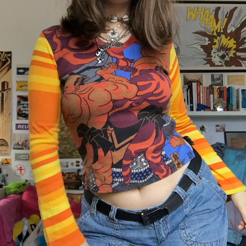 

Sleeve Striped T-shirt European and American Style 2021 New Personality Abstract Printing V-neck Long-sleeved Slim Bottoming Top