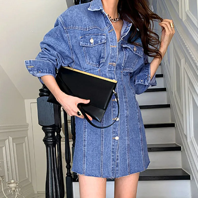 

2021 Spring Female Loose Casual Turn Down Collar Solid Color Single Breasted Long Sleeve Blue Denim Mini Dress