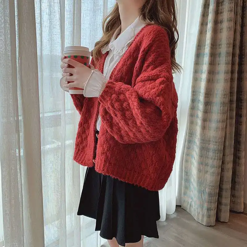 

2021 Autumn Winter Women Short Cardigan Knitted Sweater Long Sleeve V Neck Jumper Cardigans Casual Streetwear Fashion Femme Y98