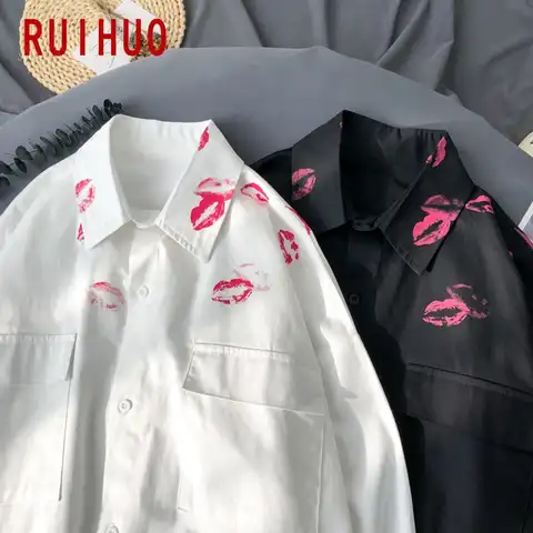 Рубашка RUIHUO Kiss с принтом Мужская, винтажная белая рубашка с принтом, мужская одежда