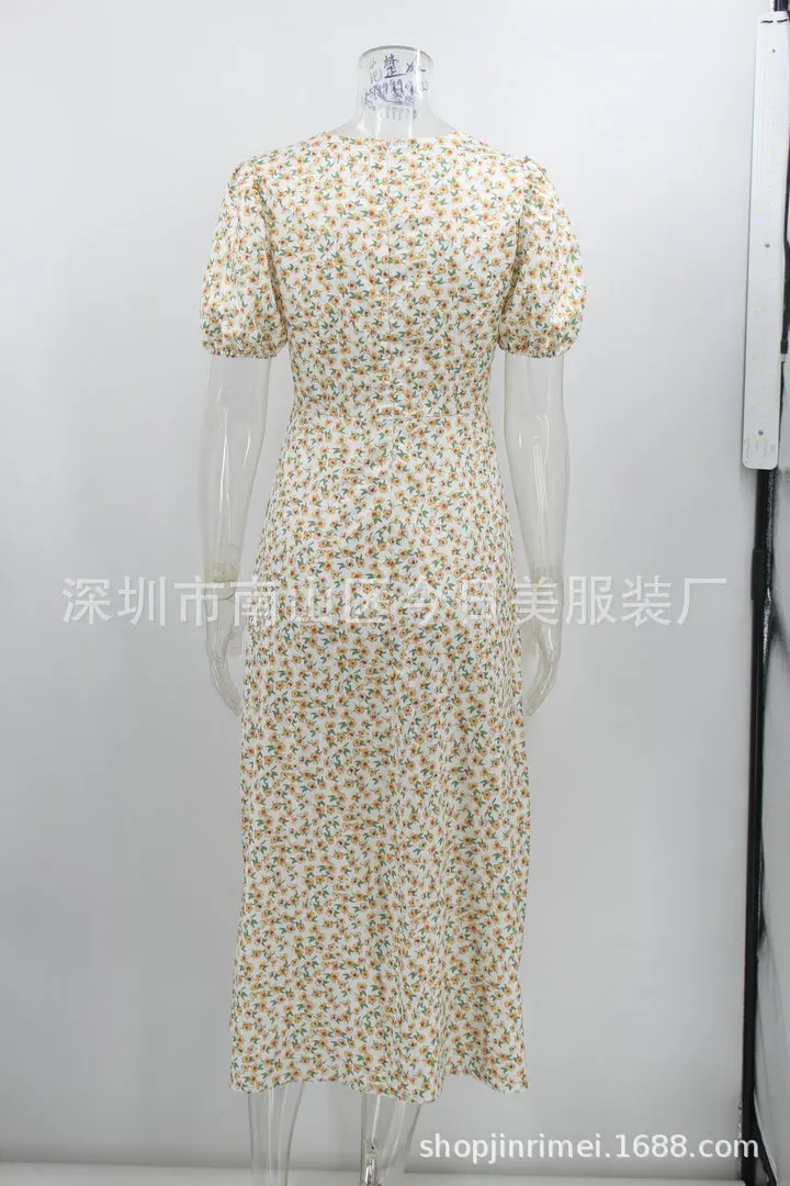 

Dress 2021 Fashion New Products Summer Casual Women's Floral Puff Sleeve V-Neck Dress Sexy Beach Dress Two Colors Available