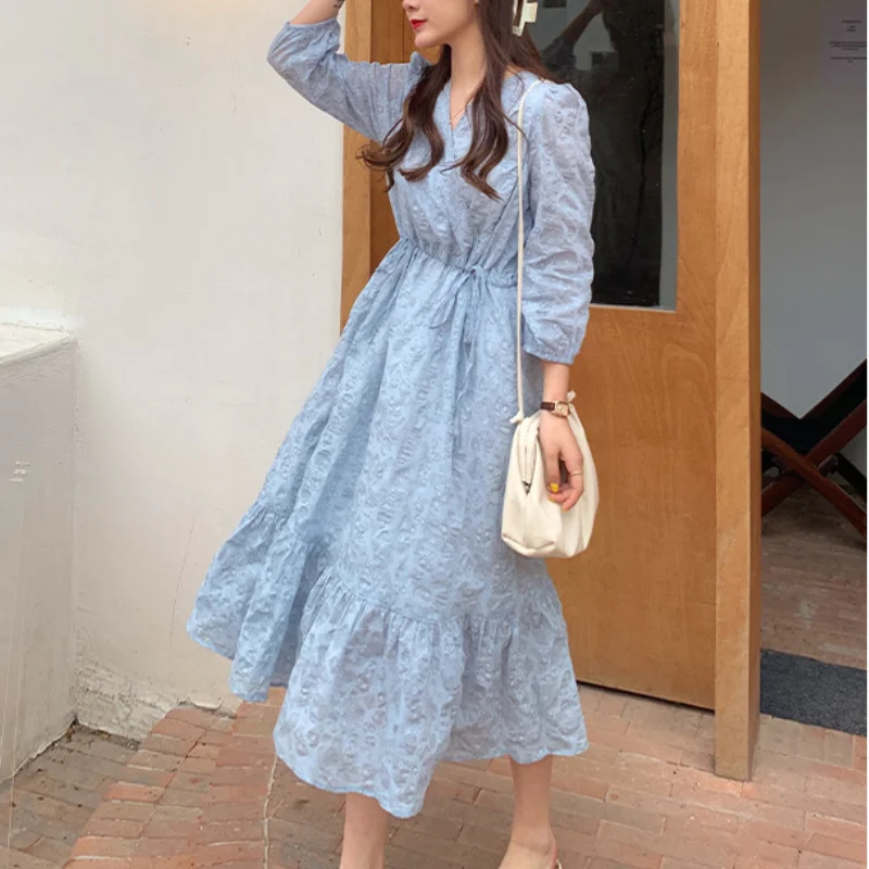 

Lace-up Pleated Slim Waist Print Dress 2021 Spring Summer New Korean Chic Vestidos V-neck Temperament Trumpet Sweet Fresh Robe