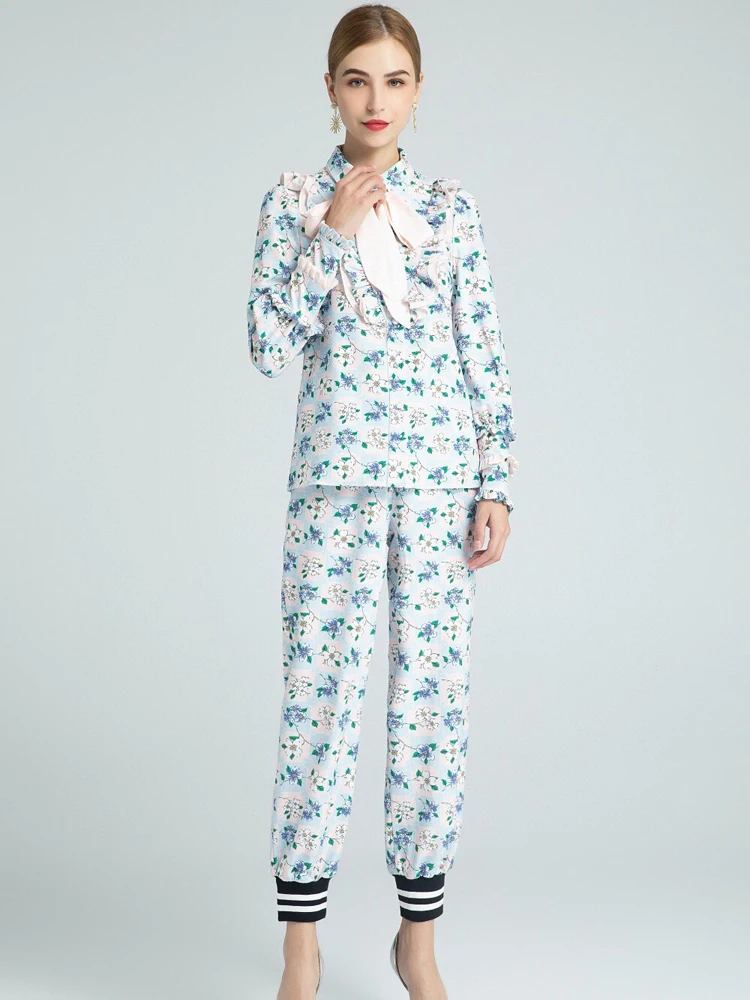 

High Quality Women's Summer Ruffled Lapel Blue Floral Long Sleeve Top Sleeves Threaded trousers suit 2 piece suit women 2021
