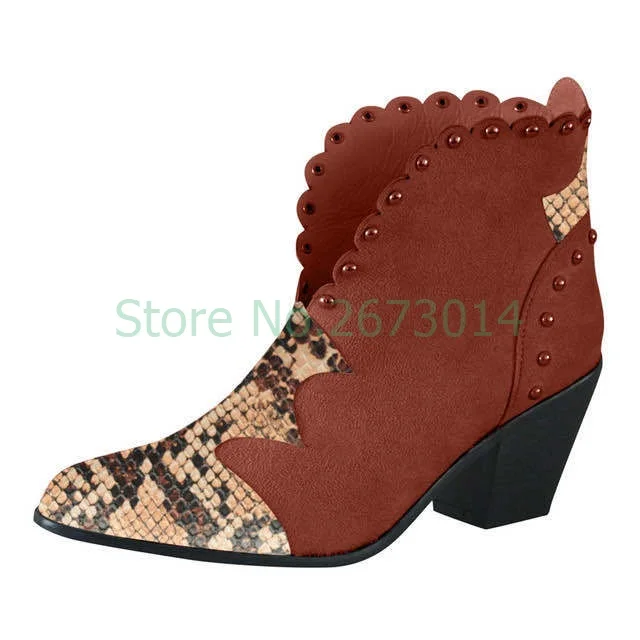 

Women Ankle Ethnic Pointed Toe Boots Autumn Rivet Metal Embellished Patent Leather Shoes Snake pattern stitching Boots